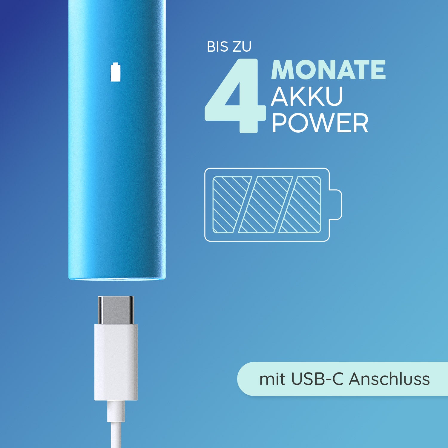 Ein blauer Happybrush-Griff mit USB-C-Anschluss und Akku-Symbol auf blauem Hintergrund.