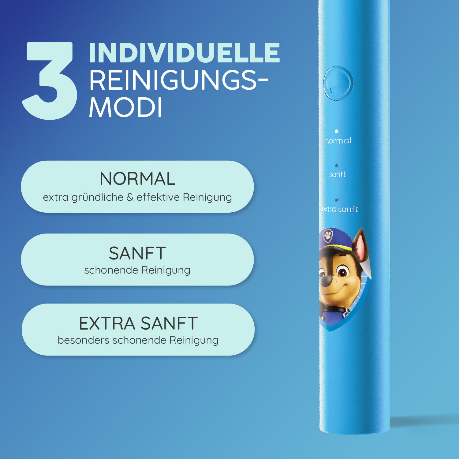 Blaue Happybrush Zahnbürste mit drei Reinigungsmodi: Normal
