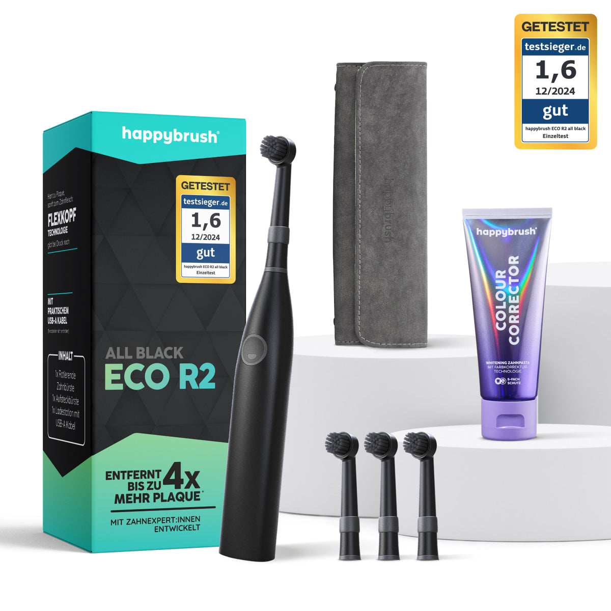 Eco R2 Allblack Vorteilsset mit Aufsteckbürsten, Travel Case und Colour Corrector