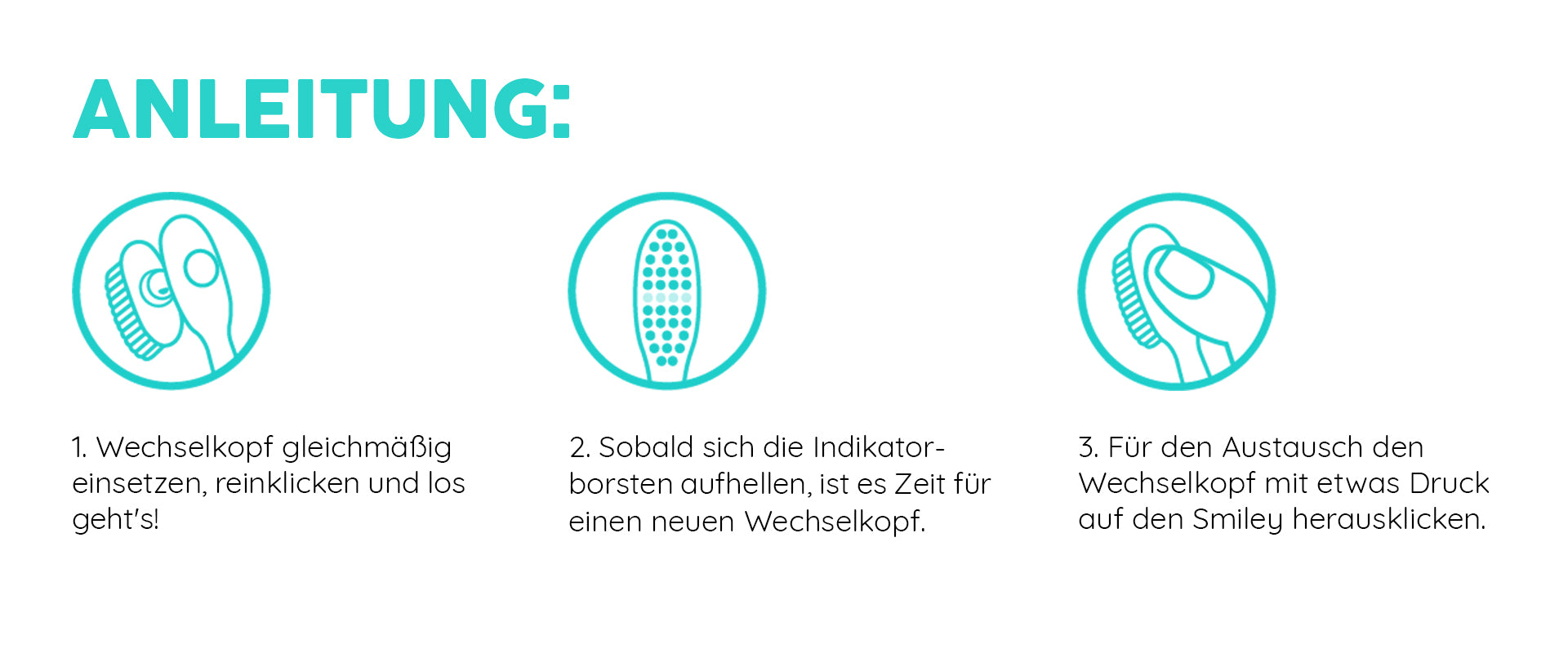 Anleitung: Wechselkopf einsetzen, helle Indikatorborsten zeigen an, dass es Zeit für einen Wechsel ist, Wechselkopf mit etwas Druck auf den Smiley herausklicken.