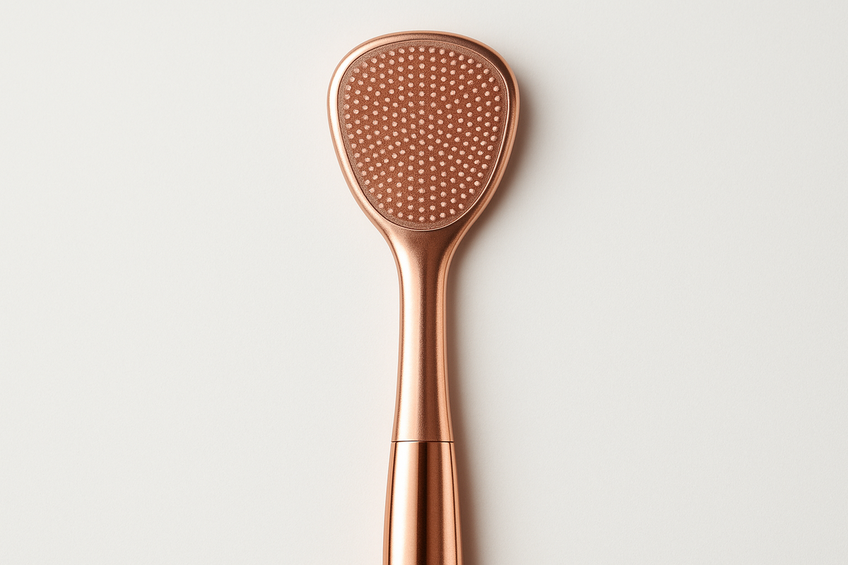 Generiere mir ein quadratisches Bild einer Zungenbürste. Die Halterung soll aus hochwertigem Material z.B. in Rosegold sein und die Bürste klar erkennbare kleine Silikonnoppen mit denen man über die Zunge fahren kann.