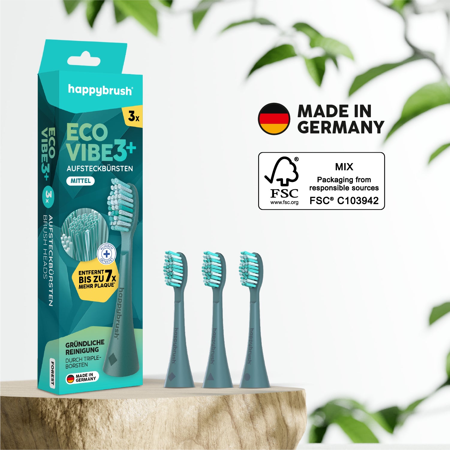 happybrush Aufsteckbürsten Eco Vibe 3+ in Forest – Made in Germany