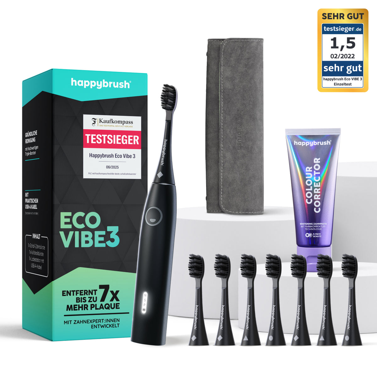 Eco Vibe 3 Allblack Vorteilsset mit 8 Aufsteckbürsten, Travel Case und Colour Corrector