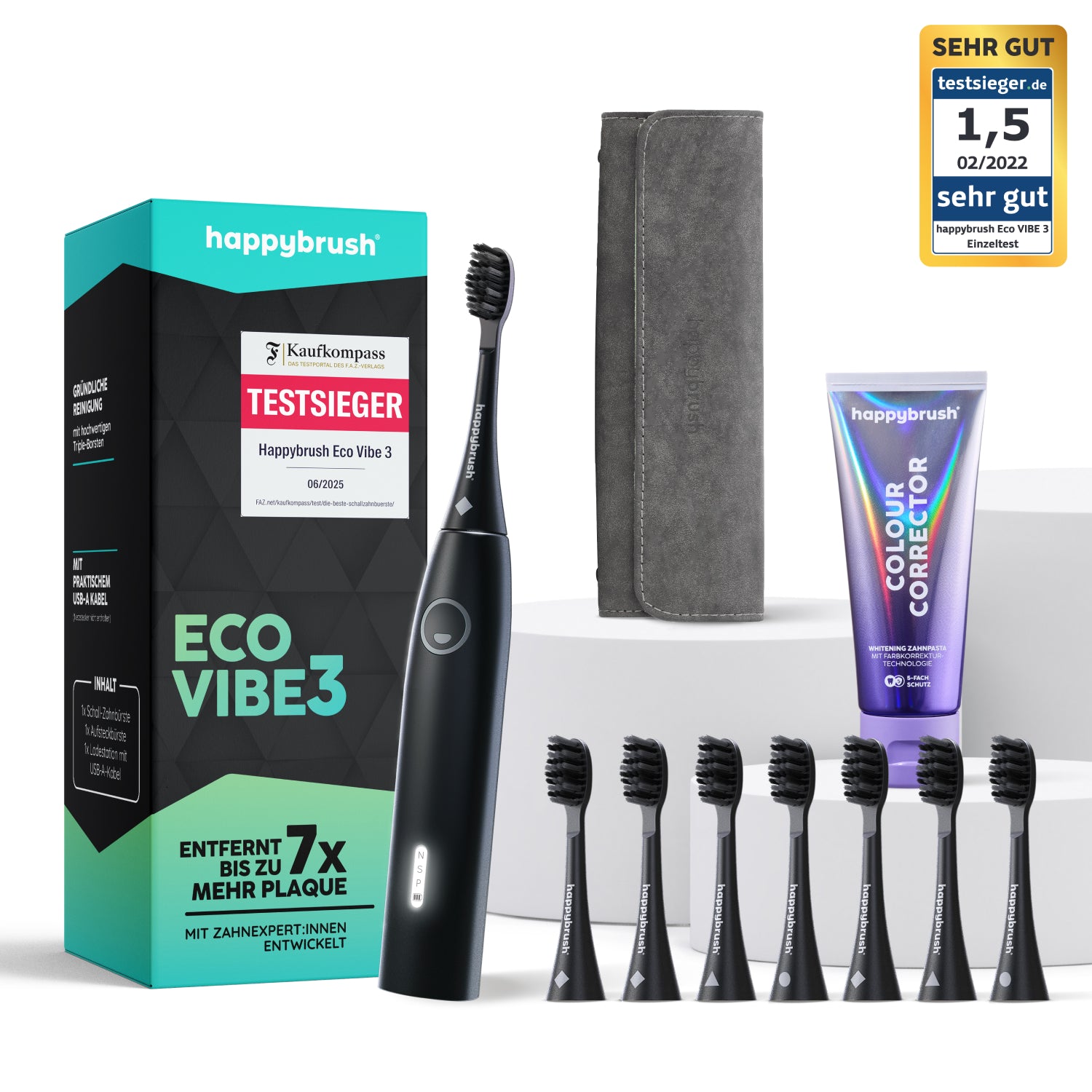 Eco Vibe 3 Allblack Vorteilsset mit 8 Aufsteckbürsten, Travel Case und Colour Corrector