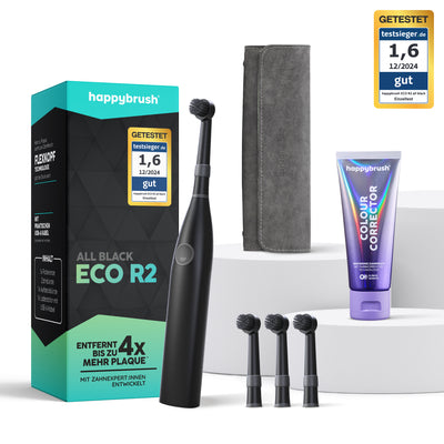Eco R2 Allblack Vorteilsset mit Aufsteckbürsten, Travel Case und Colour Corrector