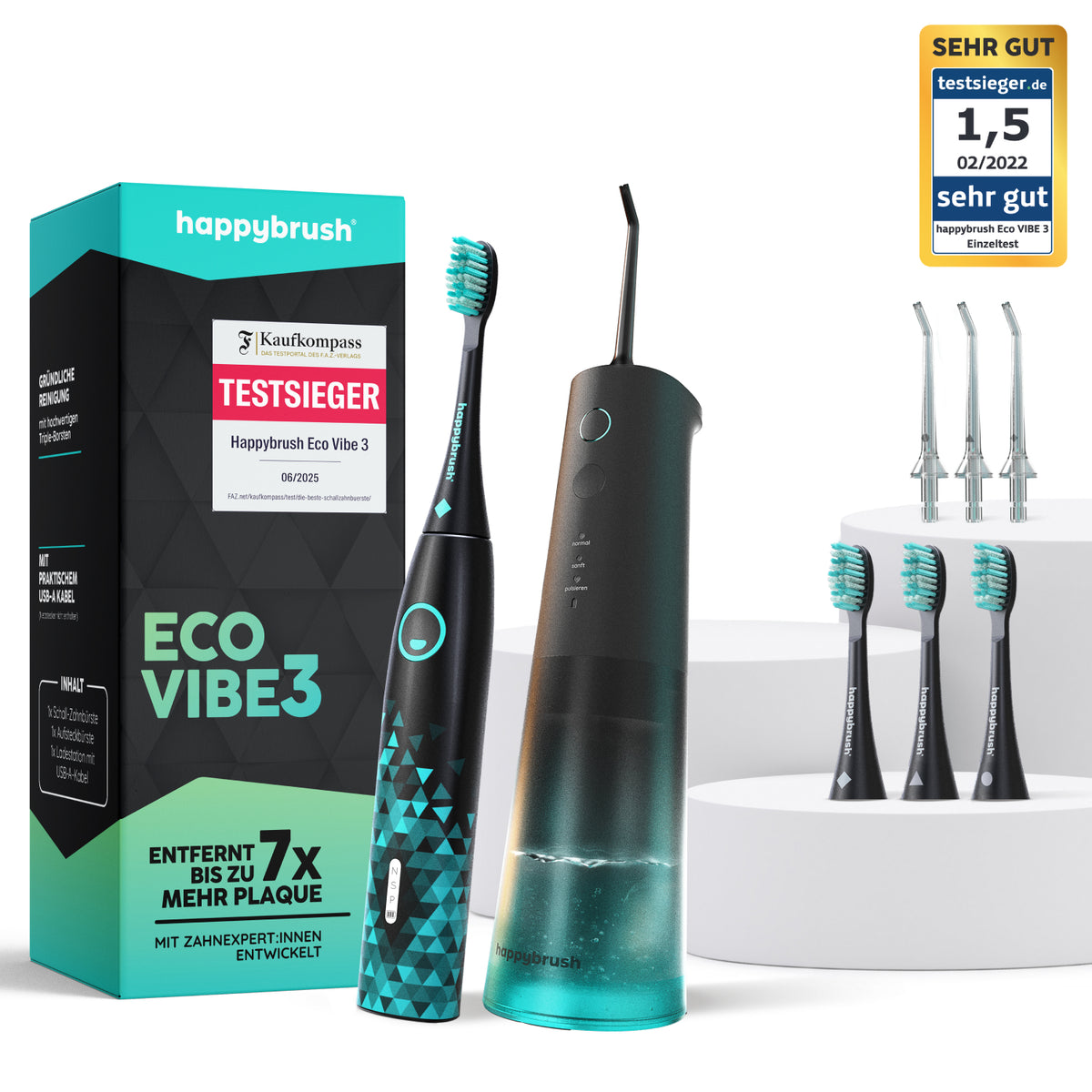 Vorteilsset mit Eco Vibe 3 Black-Mint, Eco Flow Munddusche, Aufsteckbürsten und Düsen