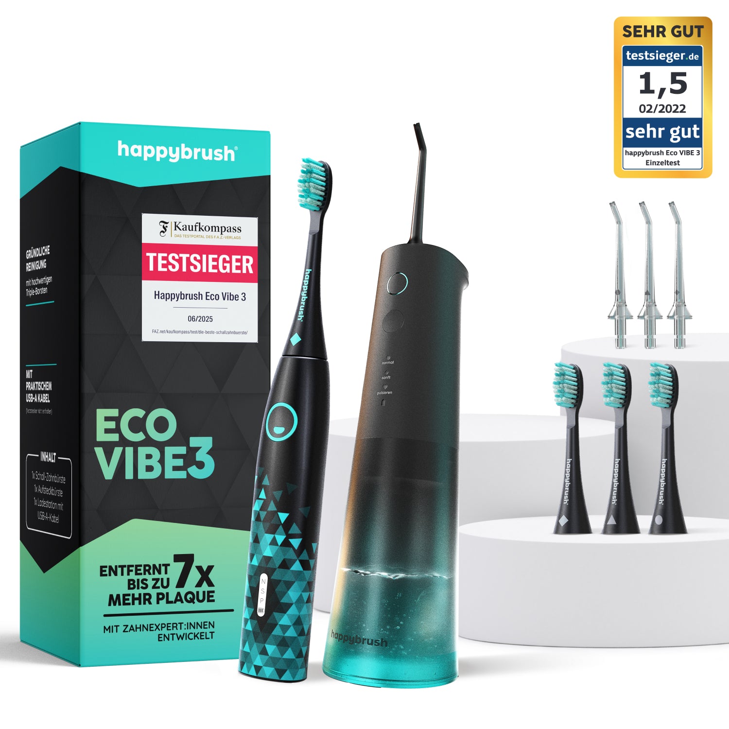 Vorteilsset mit Eco Vibe 3 Black-Mint, Eco Flow Munddusche, Aufsteckbürsten und Düsen