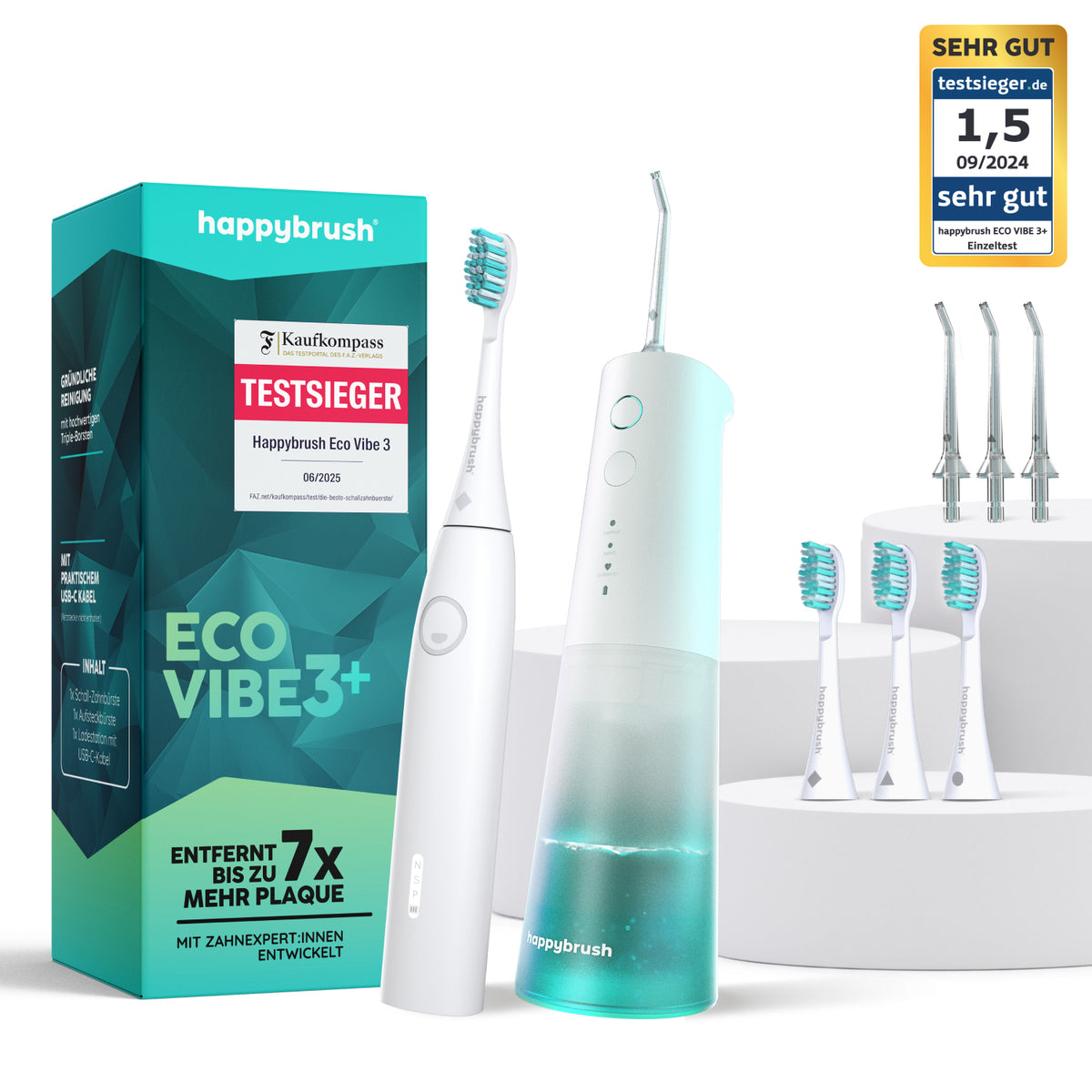 Vorteilsset mit Eco Vibe 3+ AllWhite, Eco Flow Munddusche weiß, Aufsteckbürsten und Düsen
