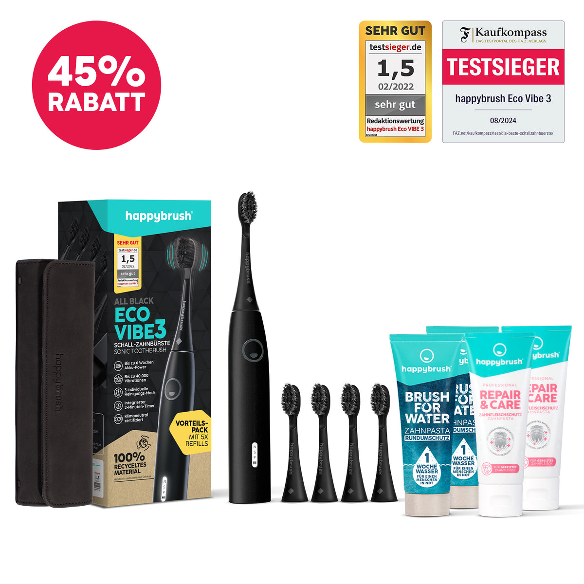 Schallzahnbürste Eco Vibe 3 AllBlack im großen Set | FAZ Kaufkompass
